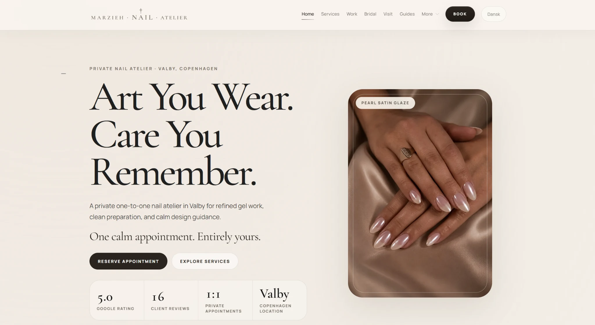 Live Marzieh Nail Atelier website implementation showing the customer-facing service and booking journey